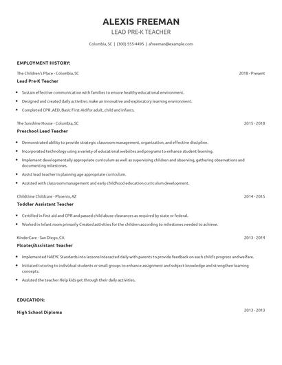 Lead Pre-K Teacher Resume