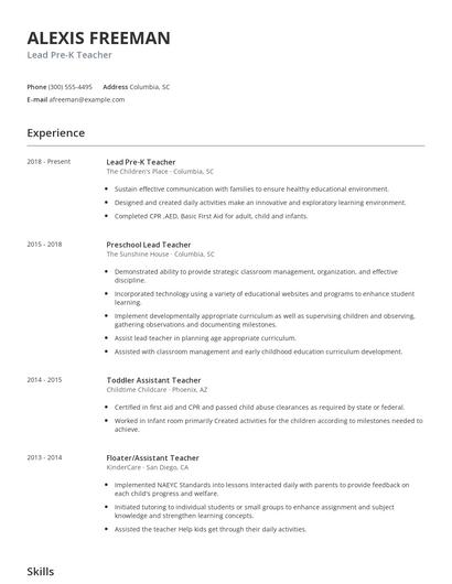 Lead Pre-K Teacher Resume