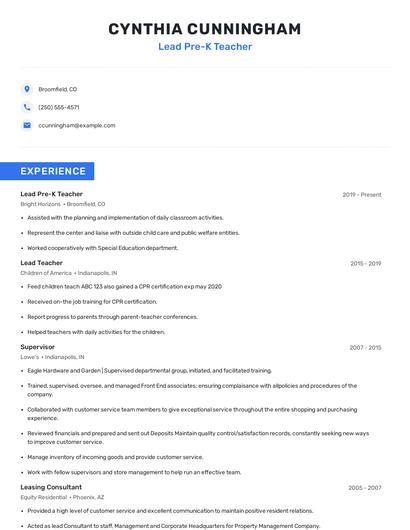 Lead Pre-K Teacher Resume