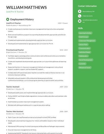 Lead Pre-K Teacher Resume