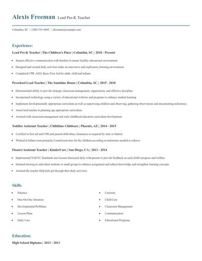 Lead Pre-K Teacher Resume