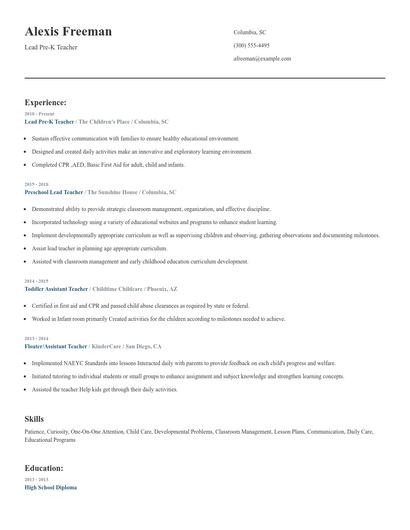 Lead Pre-K Teacher Resume
