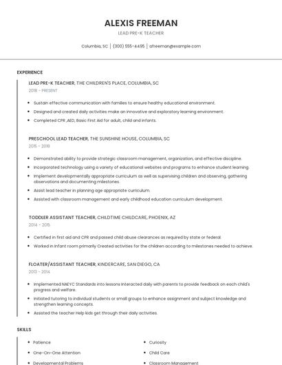Lead Pre-K Teacher Resume