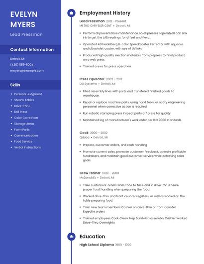 Lead Pressman Resume