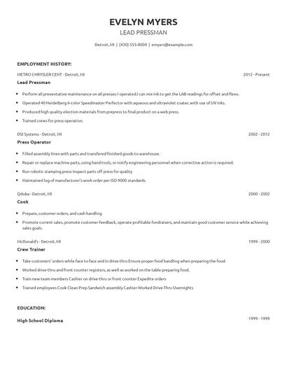 Lead Pressman Resume