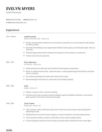 Lead Pressman Resume