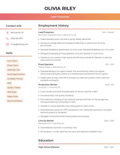 Lead Pressman Resume