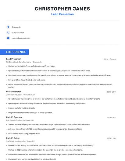 Lead Pressman Resume