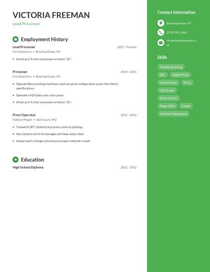 Lead Pressman Resume