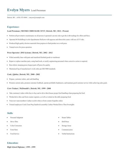 Lead Pressman Resume