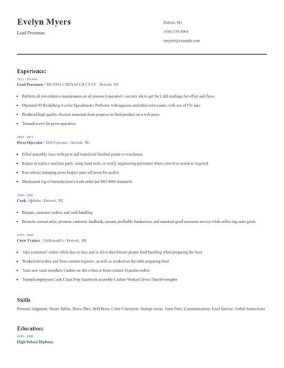 Lead Pressman Resume
