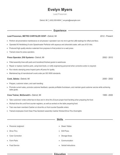 Lead Pressman Resume
