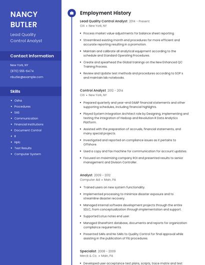Lead Quality Control Analyst Resume