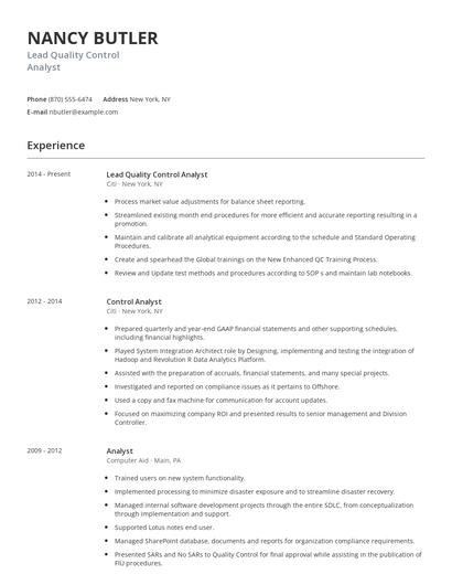 Lead Quality Control Analyst Resume