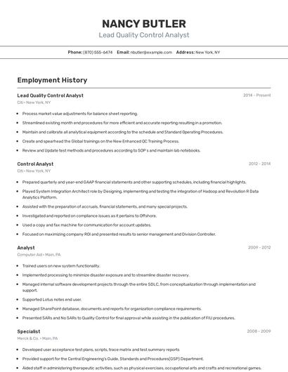 Lead Quality Control Analyst Resume