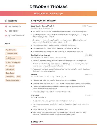 Lead Quality Control Analyst Resume