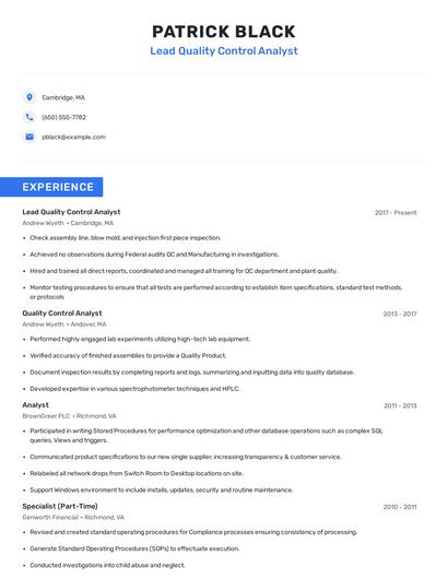 Lead Quality Control Analyst Resume