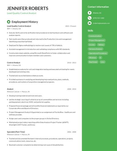 Lead Quality Control Analyst Resume