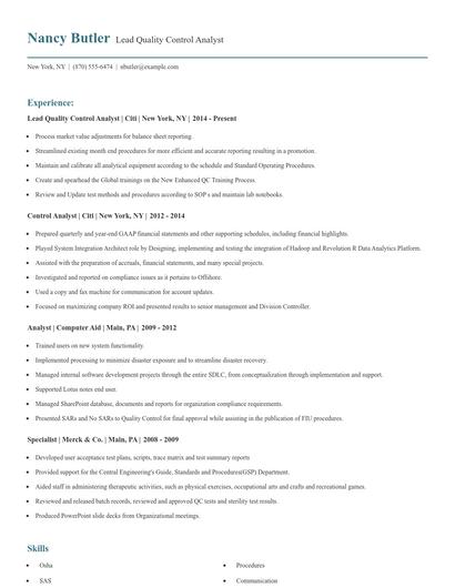 Lead Quality Control Analyst Resume
