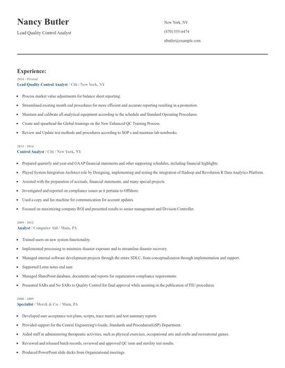 Lead Quality Control Analyst Resume