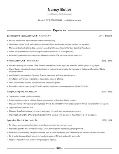 Lead Quality Control Analyst Resume