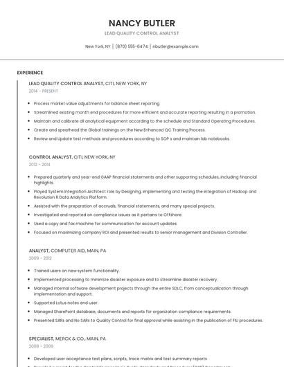Lead Quality Control Analyst Resume