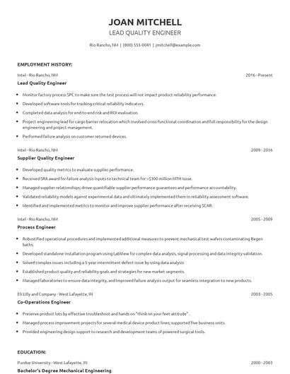 Lead Quality Engineer Resume