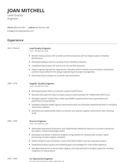 Lead Quality Engineer Resume