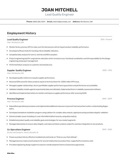 Lead Quality Engineer Resume