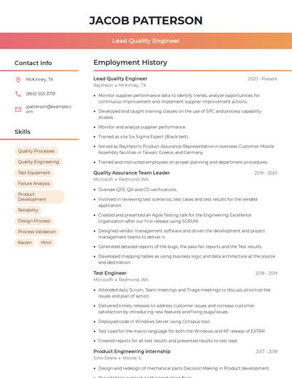 Lead Quality Engineer Resume