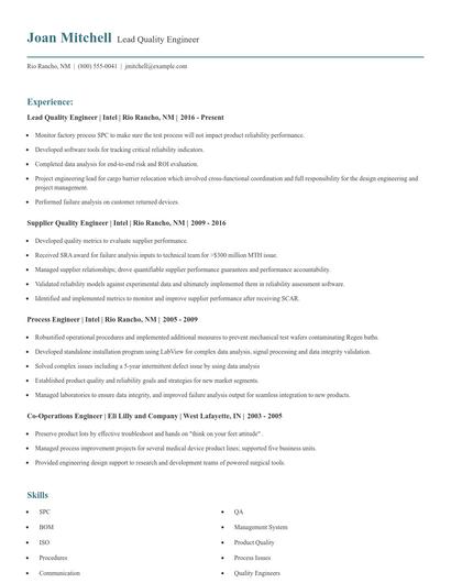 Lead Quality Engineer Resume