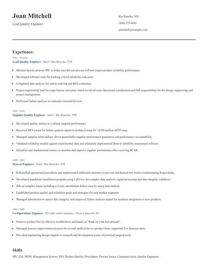 Lead Quality Engineer Resume
