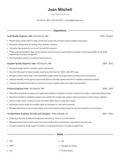 Lead Quality Engineer Resume