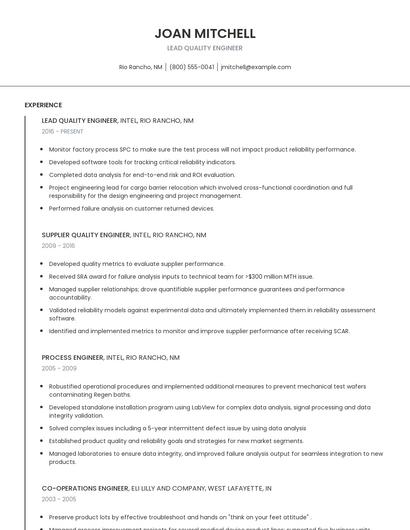 Lead Quality Engineer Resume