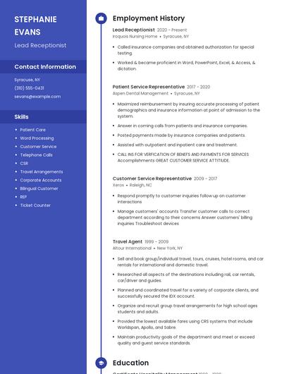 Lead Receptionist Resume