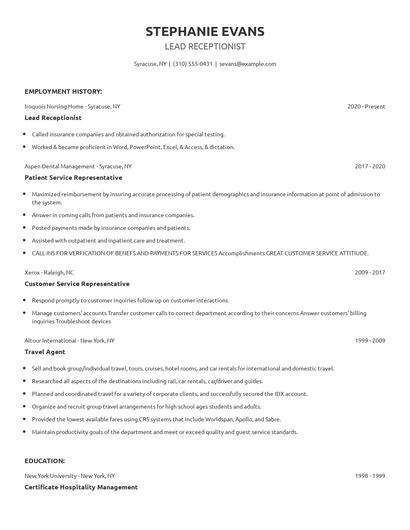 Lead Receptionist Resume