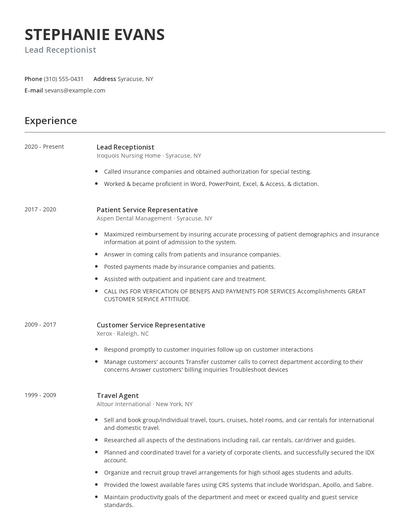 Lead Receptionist Resume