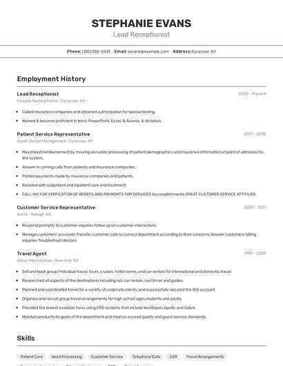 Lead Receptionist Resume