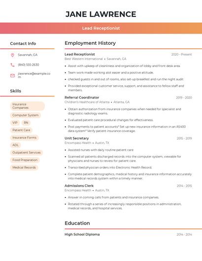 Lead Receptionist Resume