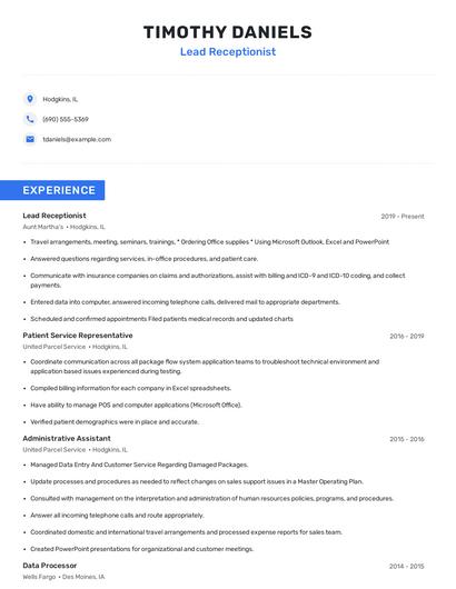 Lead Receptionist Resume