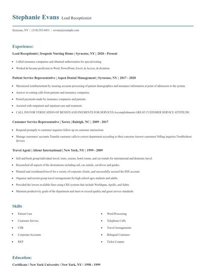 Lead Receptionist Resume
