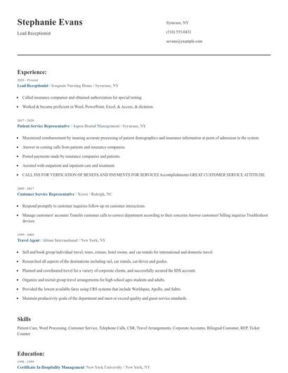 Lead Receptionist Resume
