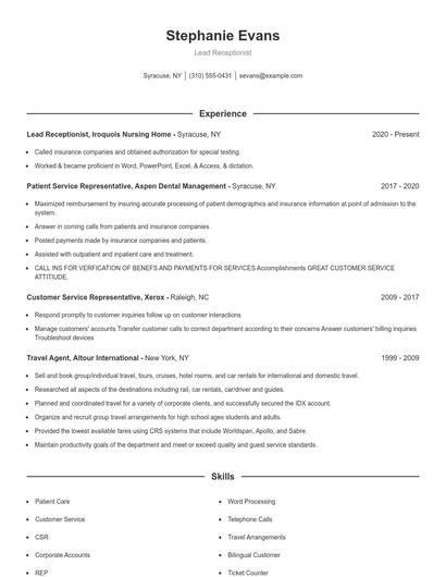 Lead Receptionist Resume