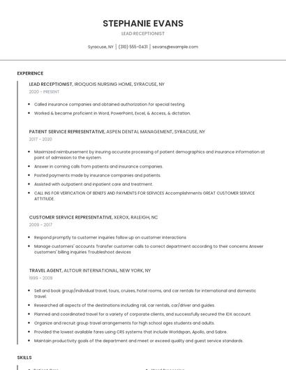 Lead Receptionist Resume