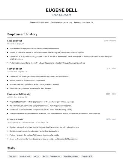 Lead Scientist Resume