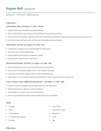 Lead Scientist Resume