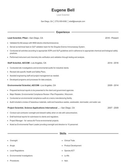 Lead Scientist Resume