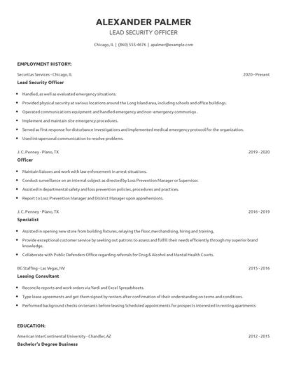 Lead Security Officer Resume