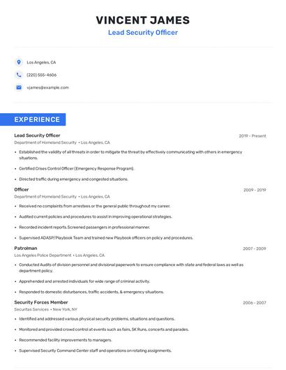 Lead Security Officer Resume