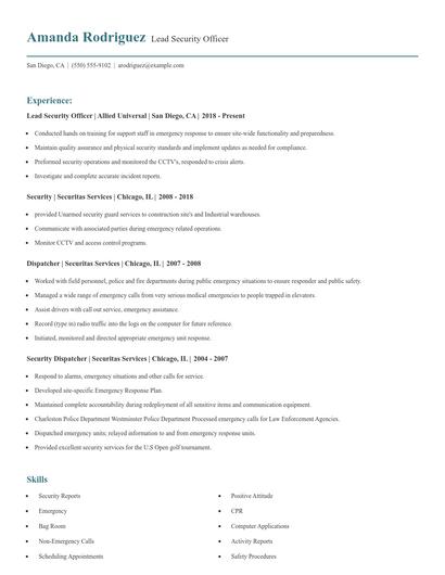 Lead Security Officer Resume